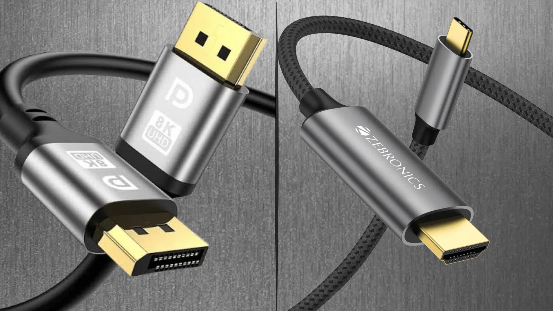 hdmi on left and displayport cable on right in a grid of two on a gray metallic  background  (1)