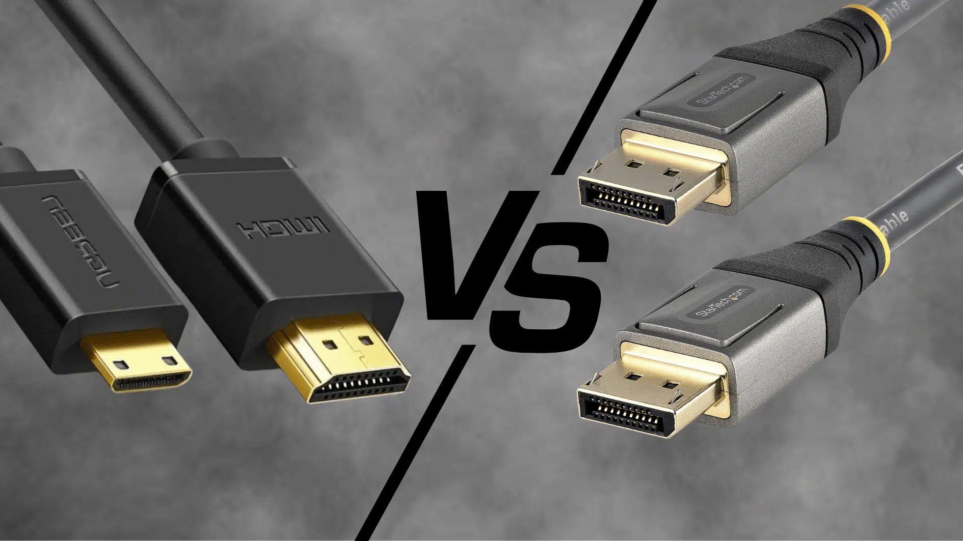 hdmi on left and displayport cable on right in a grid of two on a gray metallic background