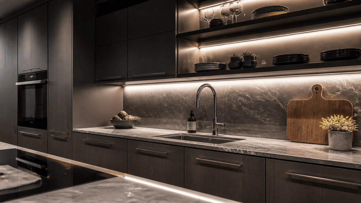 hidden led strip lighting under kitchen cabinets with diffuser tracks and realistic modern kitchen details