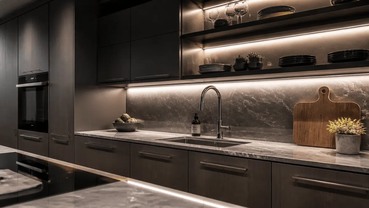 hidden led strip lighting under kitchen cabinets with diffuser tracks and realistic modern kitchen details
