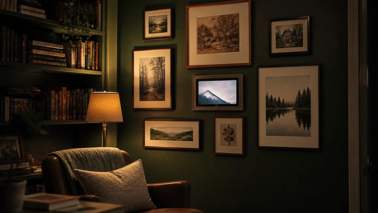 hidden smart display placed among framed artwork on a green wall in a warm home office setting