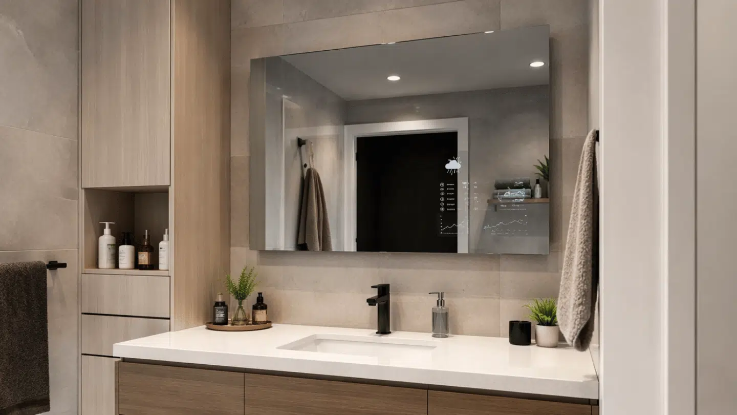 hidden smart mirror installed above a bathroom vanity with digital features and realistic home interior details