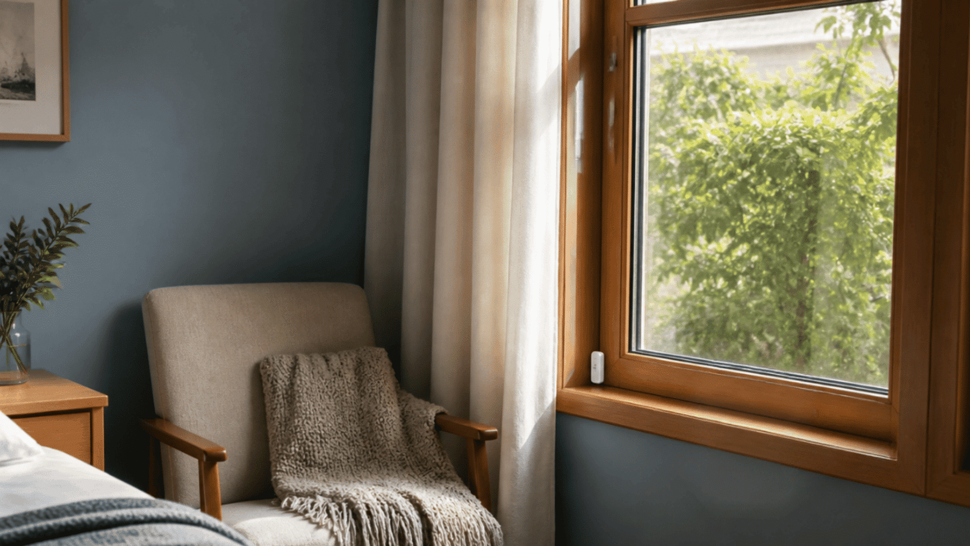 hidden window sensors inside wooden frame with curtains and realistic bedroom interior details (1)