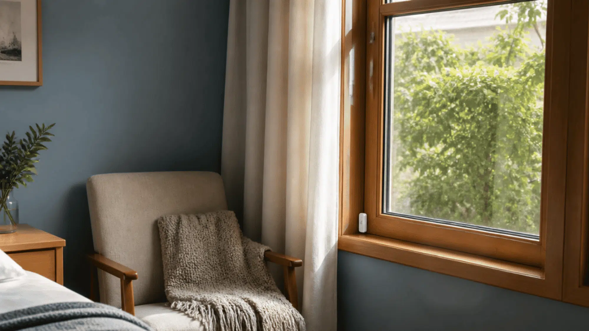 hidden window sensors inside wooden frame with curtains and realistic bedroom interior details (1)