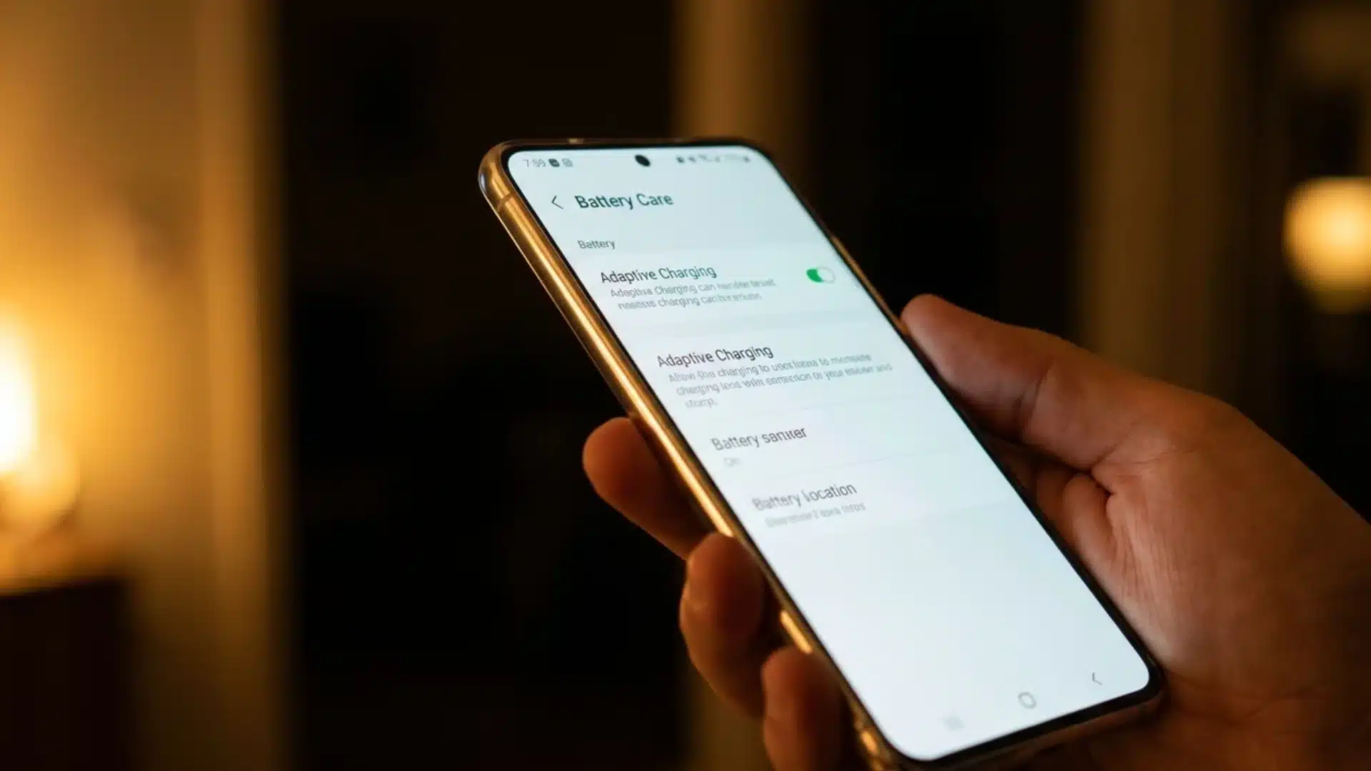 Android smartphone displaying battery care settings menu with adaptive charging toggle