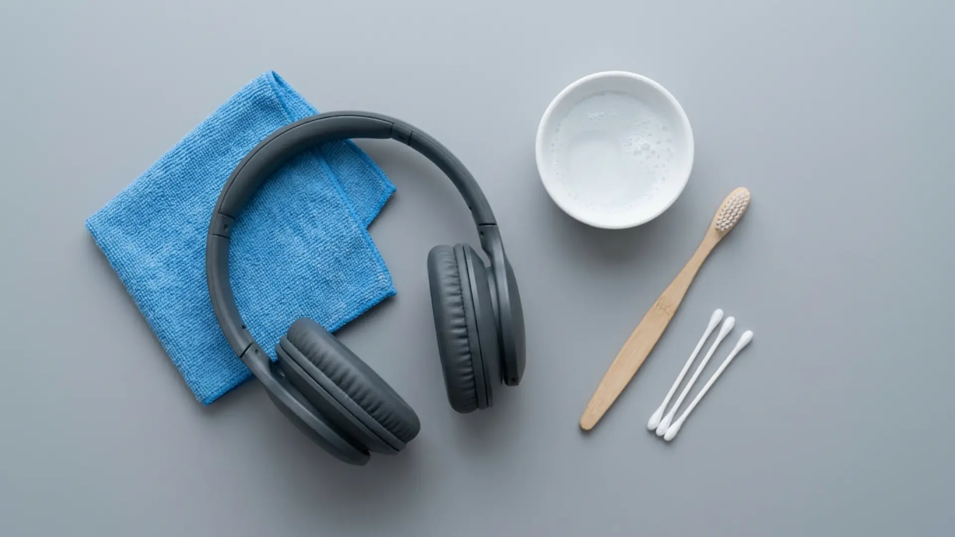 Over-ear headphones beside a microfiber cloth, toothbrush, cotton swabs, and small bowl of soapy water on a flat surface