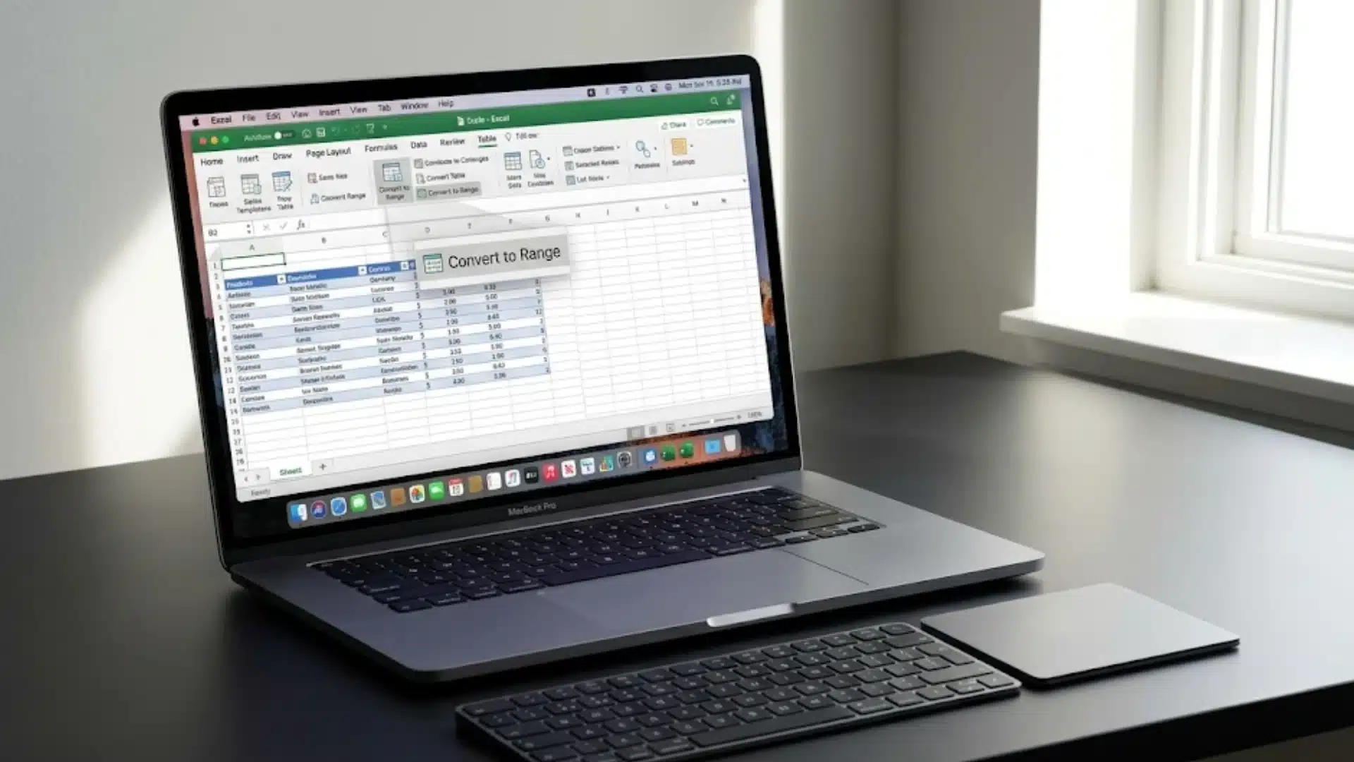 Excel for Mac Table tab with Convert to Range option, showing the Mac steps to remove table formatting