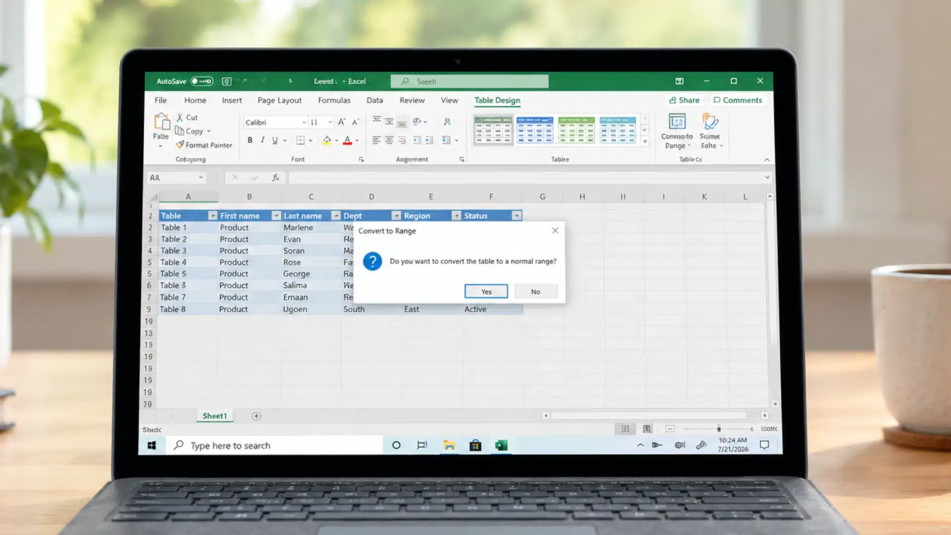 Excel Convert to Range confirmation dialog on Windows, part of removing table formatting completely