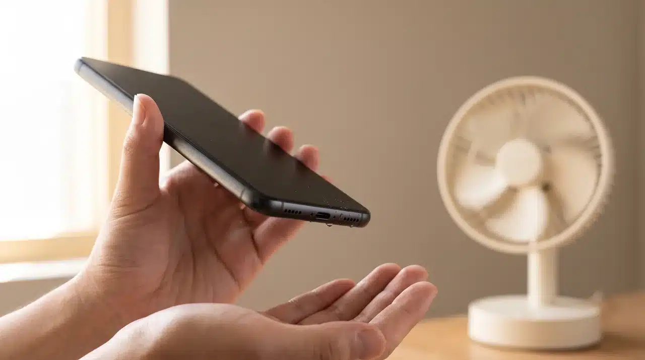 Smartphone held port-down near a fan to safely air dry a liquid detected charging port.