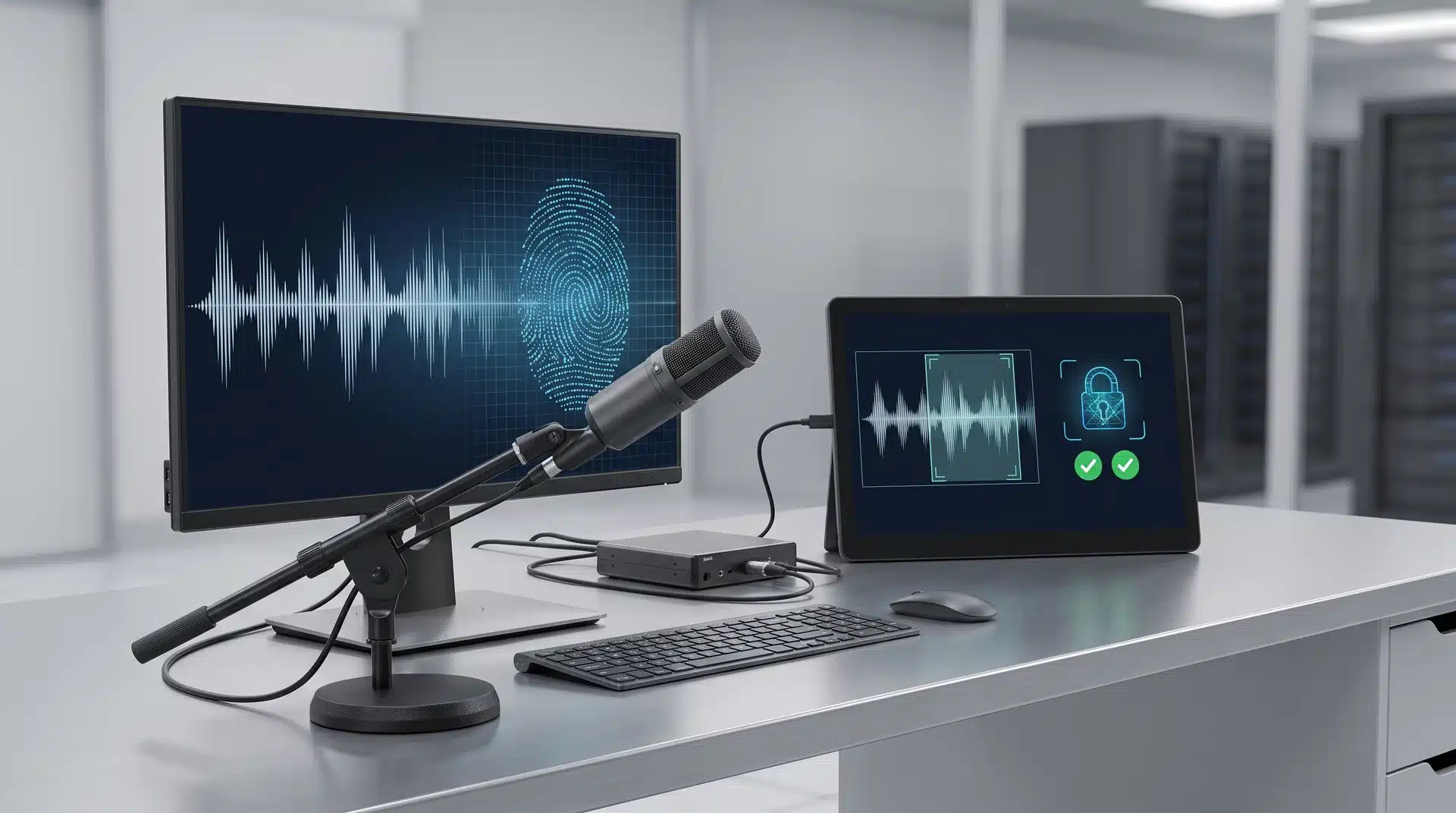 Voice biometrics setup showing voice recording and digital voiceprint verification process