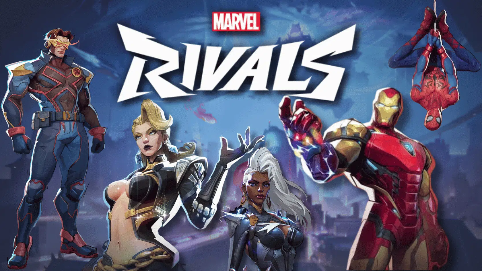 image of marvel rivals poster featuring game characters in dynamic action poses on a bold background