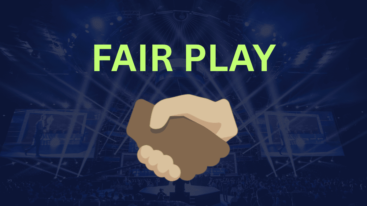 infographic logo with text fair play on background of blurred esports tournament background