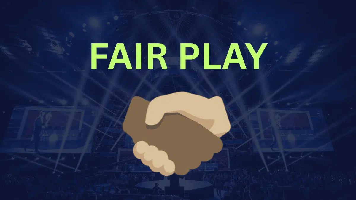 infographic logo with text fair play on background of blurred esports tournament background