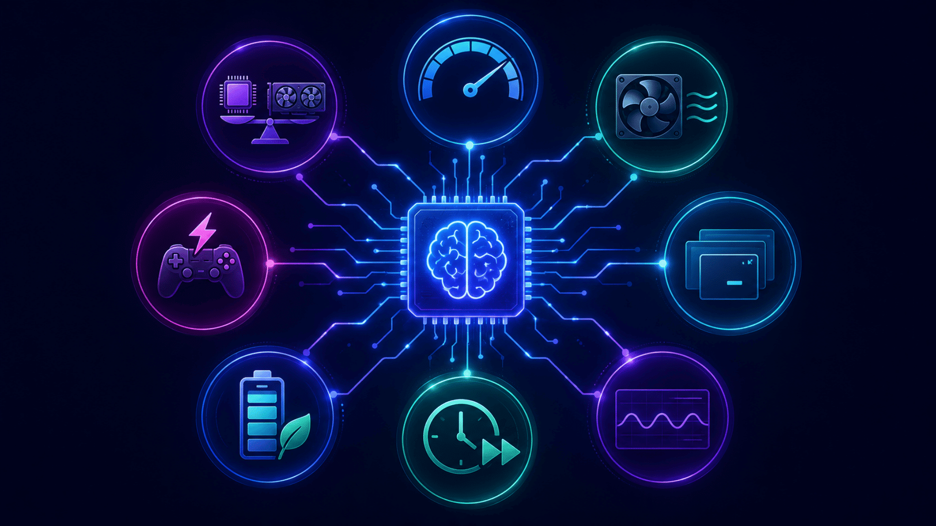 infographic of an ai chip connected to icons for cooling, power, speed, and gaming performance in compact pcs