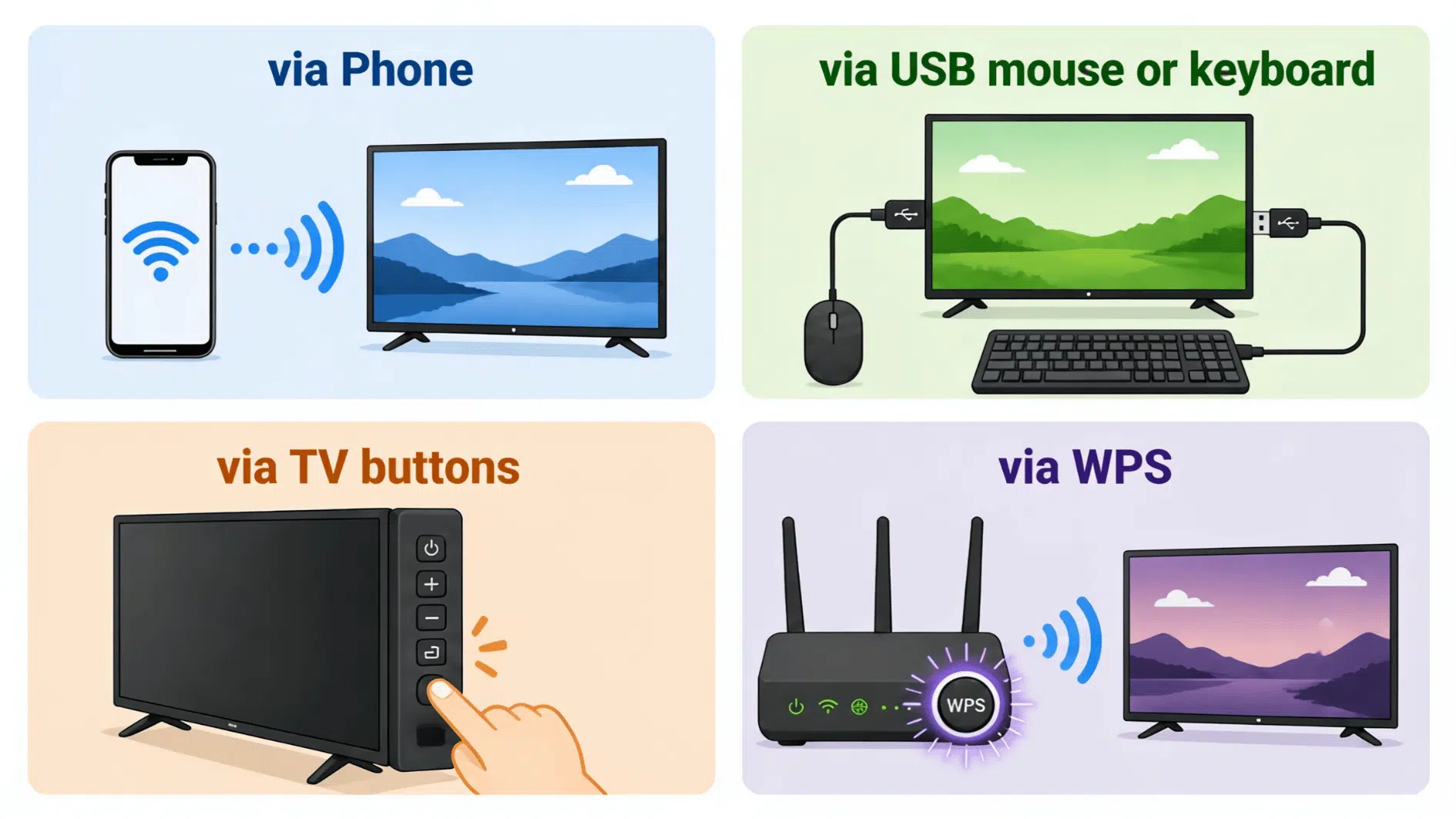 infographic showing ways to connect tv to wifi phone, usb mouse or keyboard, tv buttons, wps