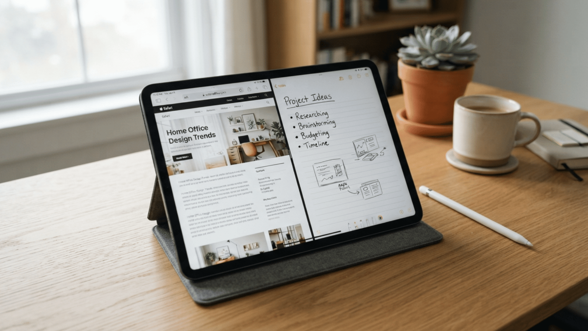 ipad showing split view with two apps open side by side on a desk setup