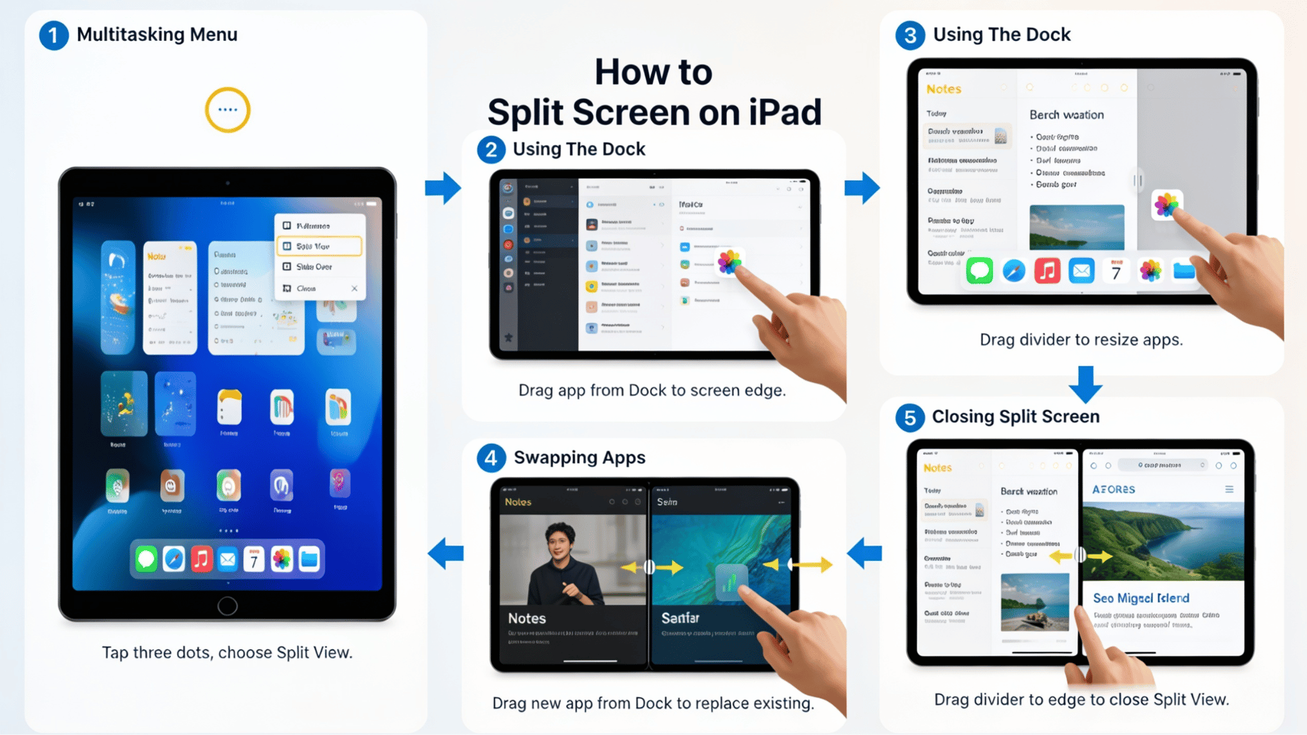 ipad split screen steps showing multitasking menu dock divider app swap and closing split view