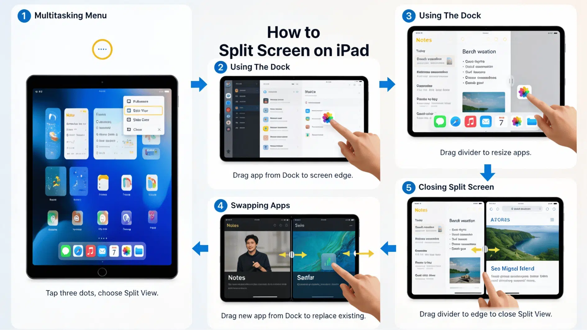 ipad split screen steps showing multitasking menu dock divider app swap and closing split view