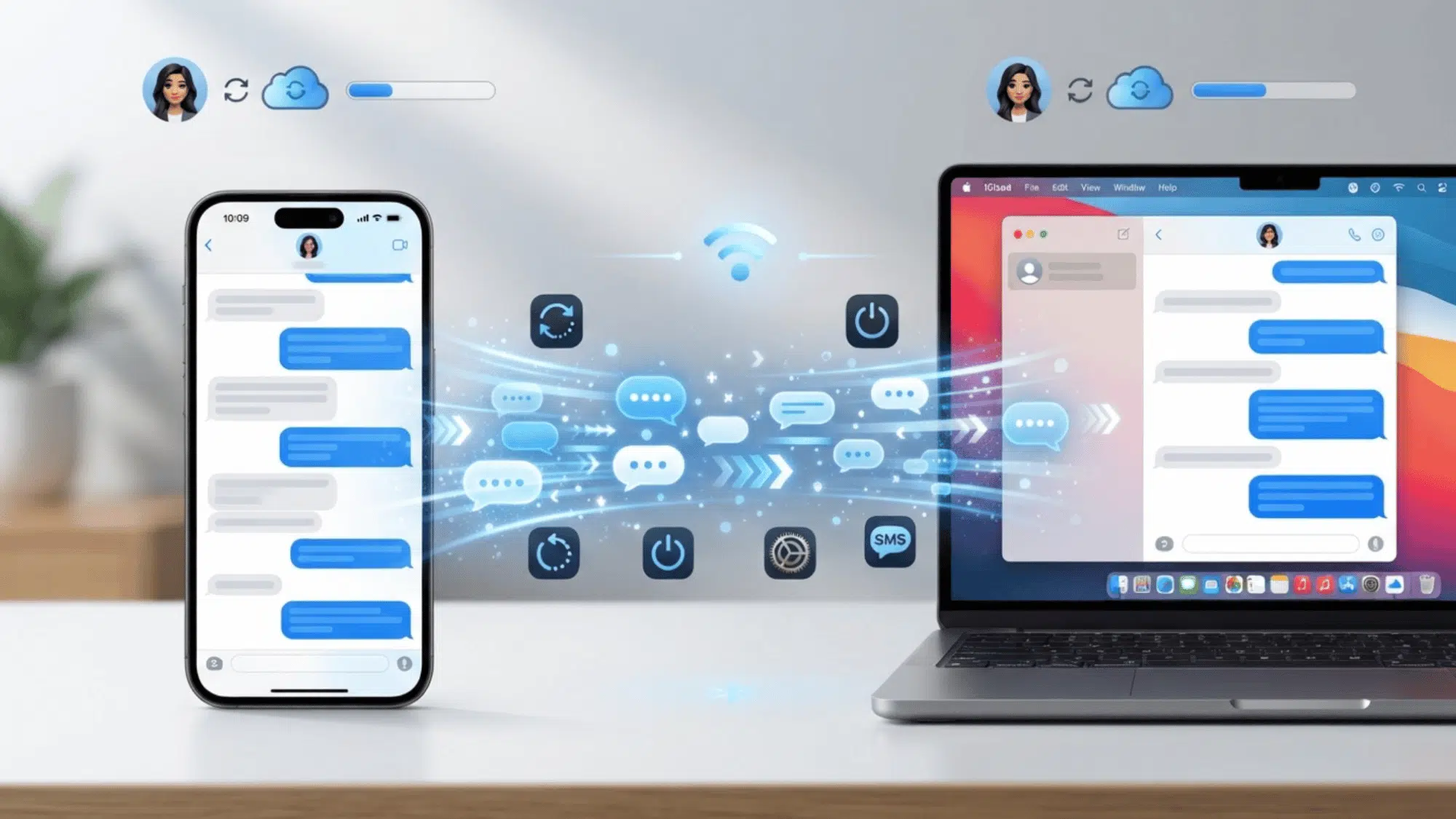iphone and macbook syncing messages through icloud with chat bubbles and connection icons