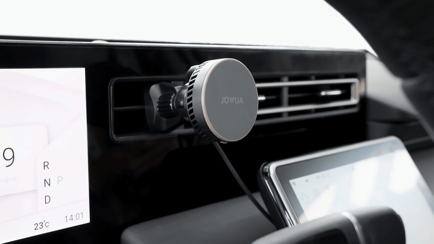 jouwa magsafe car mount attached to air vents with wireless charging and adjustable phone angles