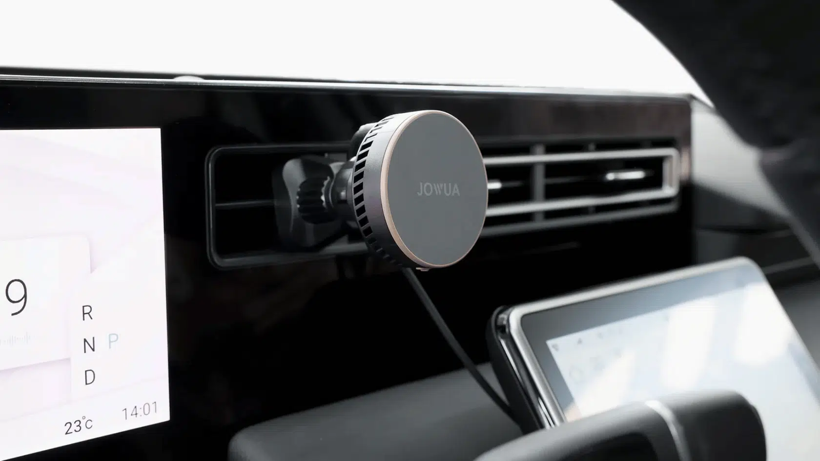 jouwa magsafe car mount attached to air vents with wireless charging and adjustable phone angles
