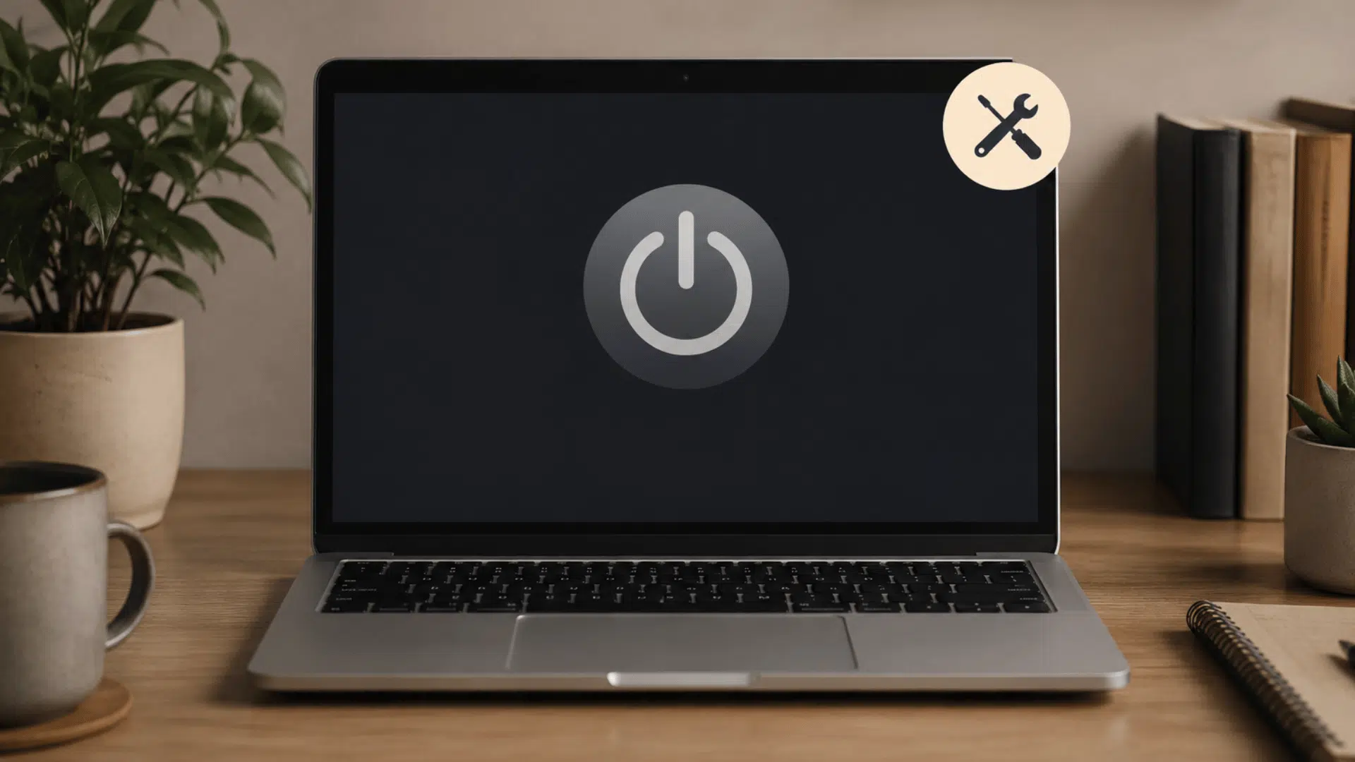 laptop showing power button error screen with repair tools icon on desk