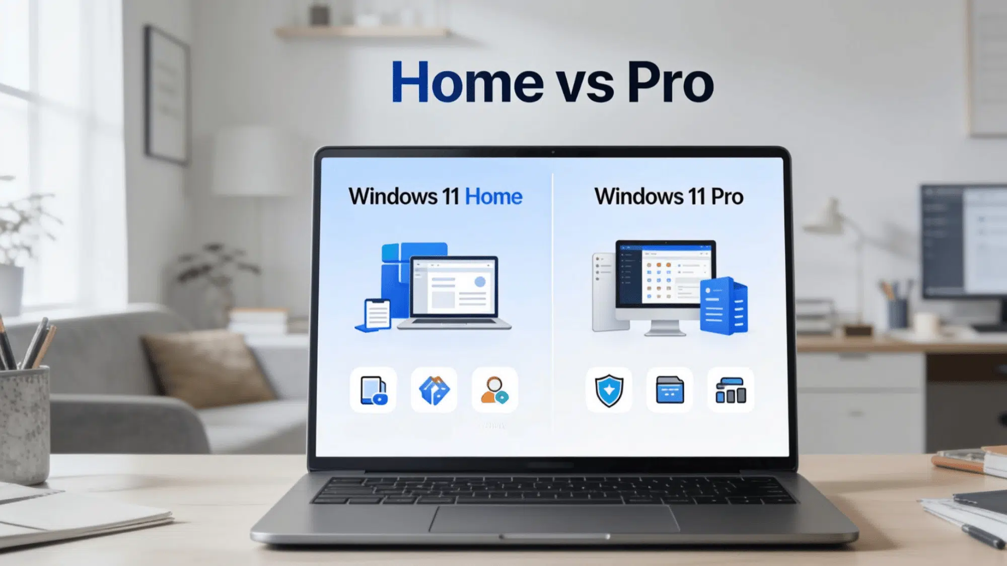 laptop showing windows 11 home vs pro comparison on a clean modern office desk (1)