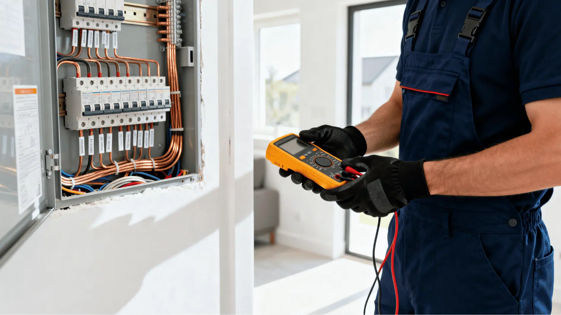 licensed electrician testing a modern electrical panel with a multimeter during a residential safety inspection.