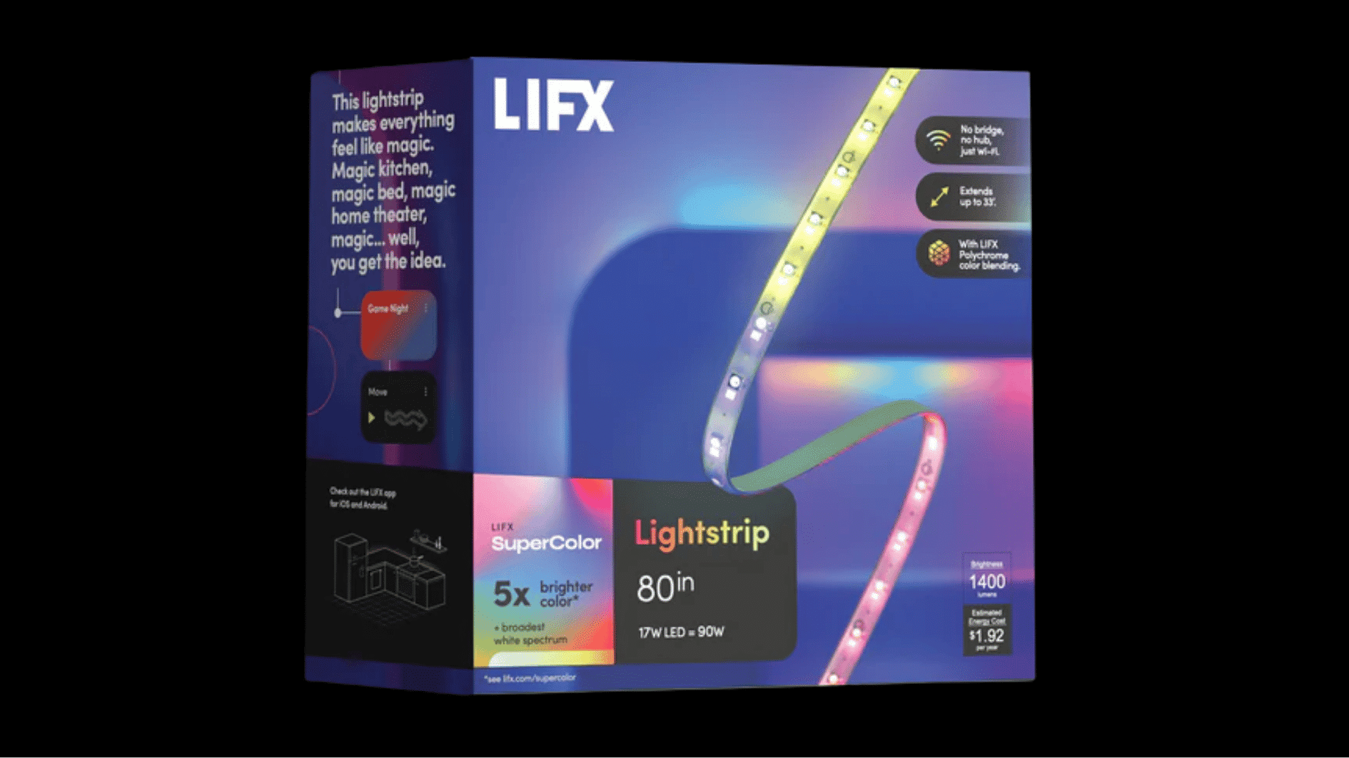 lifx supercolor 80-inch smart lightstrip box showing multicolor lighting, wi-fi control, and bright led output