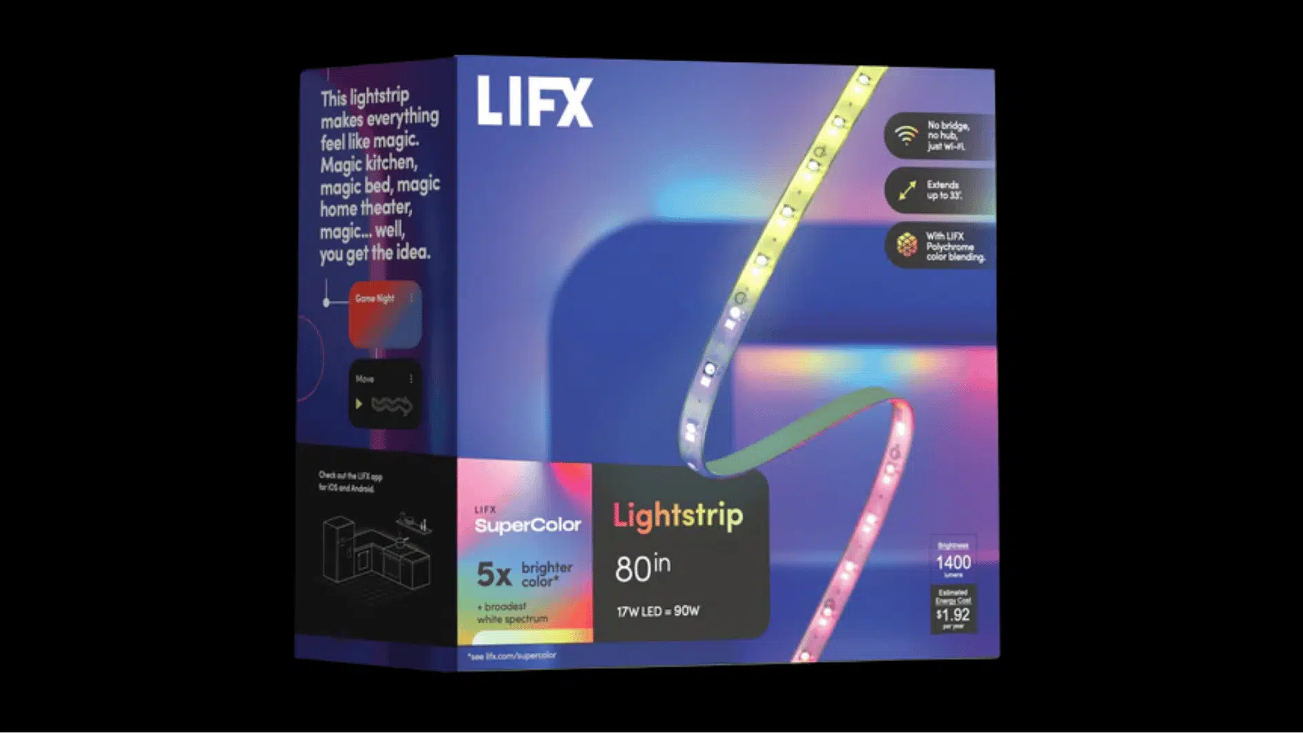 lifx supercolor 80-inch smart lightstrip box showing multicolor lighting, wi-fi control, and bright led output