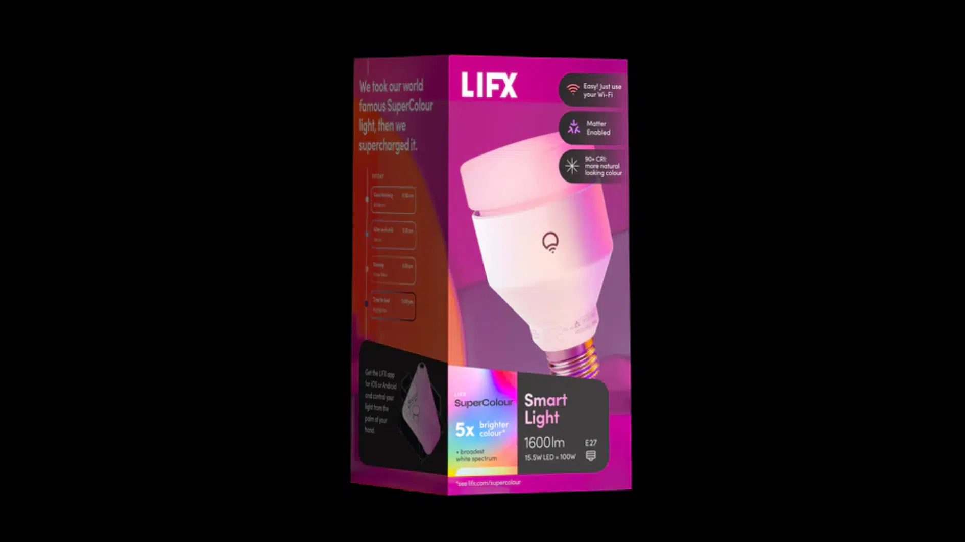 lifx supercolor smart light box featuring a 1600-lumen e27 bulb with wi-fi, matter, and bright color lighting