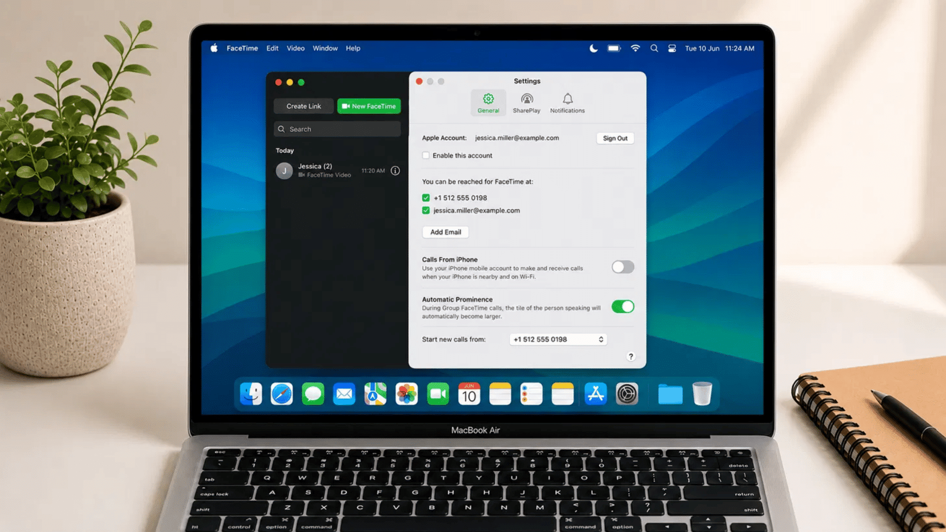 macbook air facetime settings general tab showing calls from iphone toggle switched off