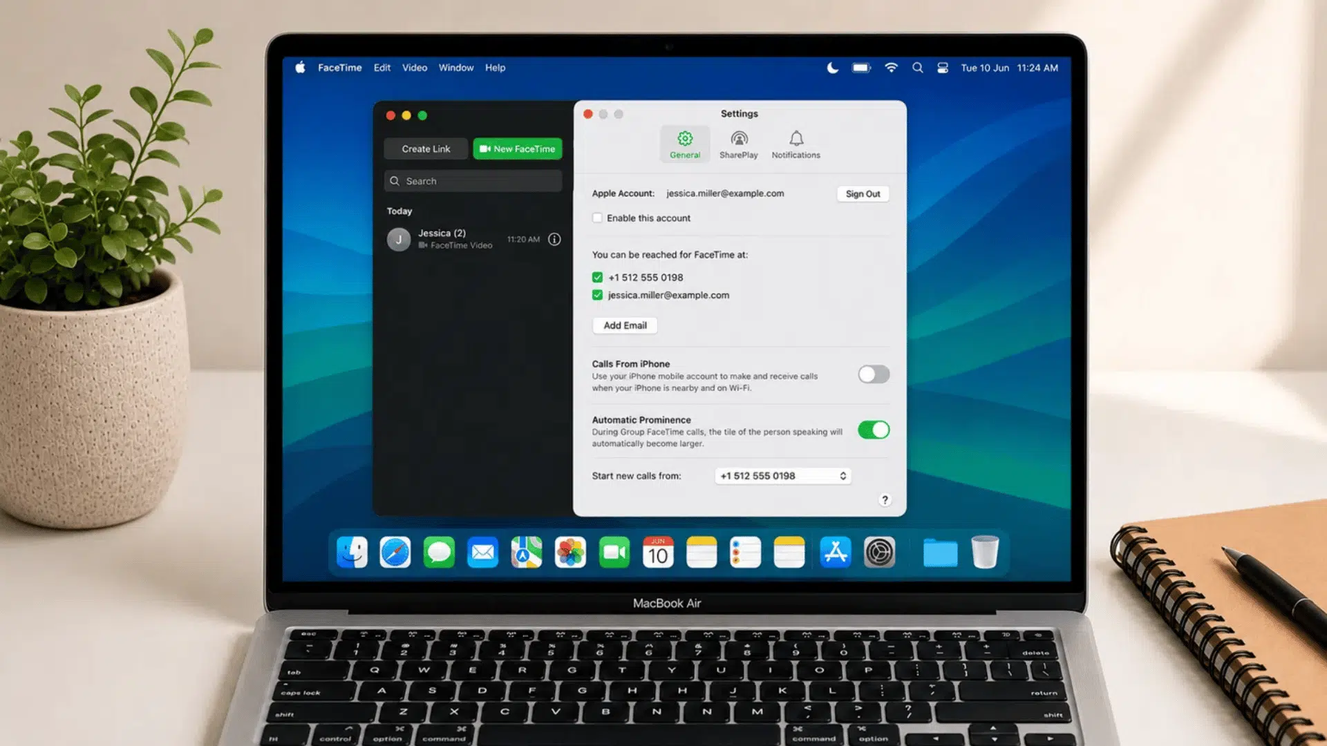 macbook air facetime settings general tab showing calls from iphone toggle switched off