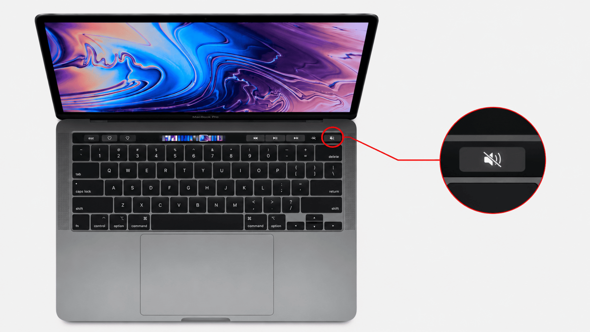 macbook pro keyboard with the mute button on the touch bar circled and magnified in a close-up view