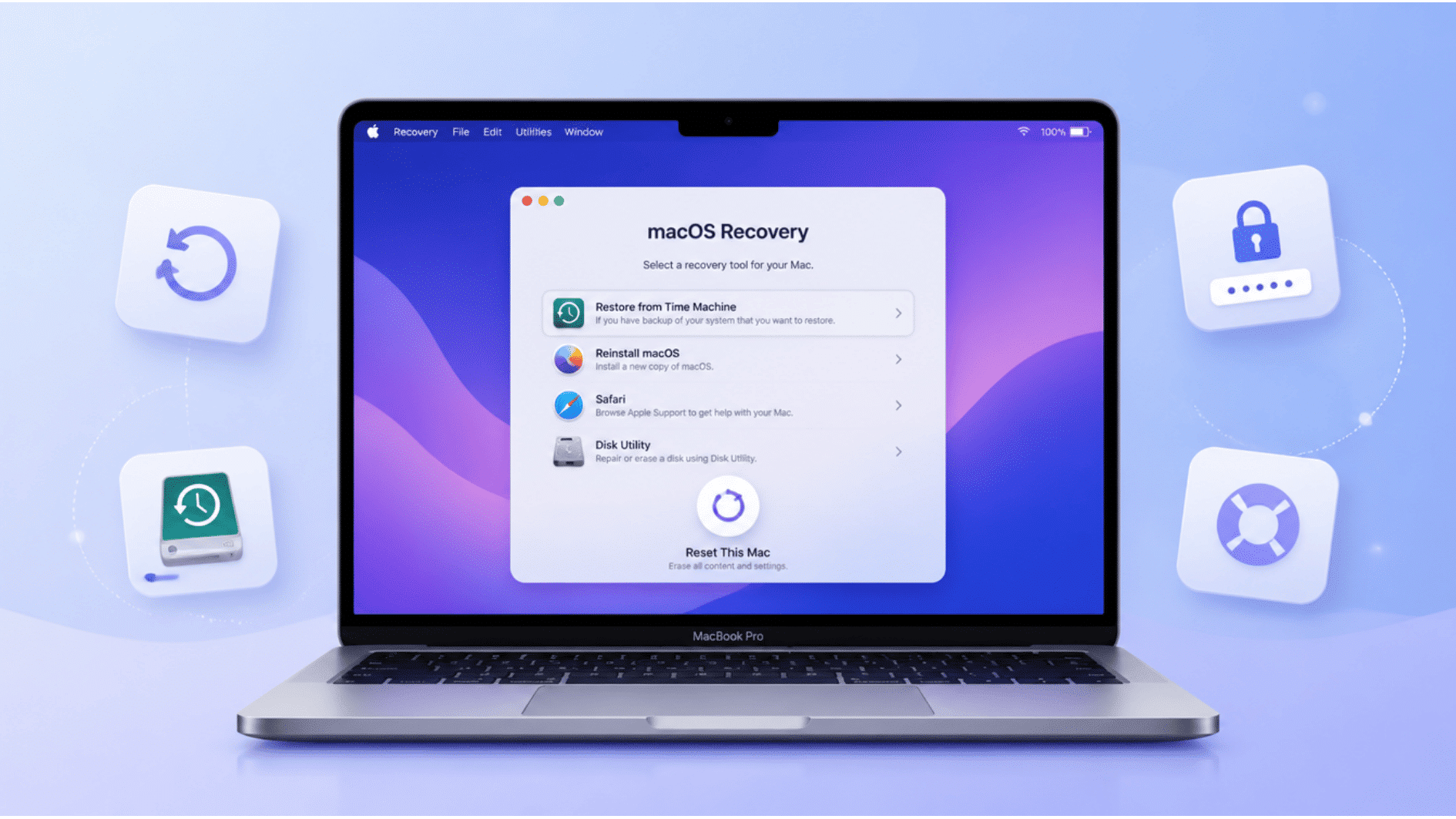 macbook pro showing macos recovery screen with restore, reinstall, and reset options highlighted