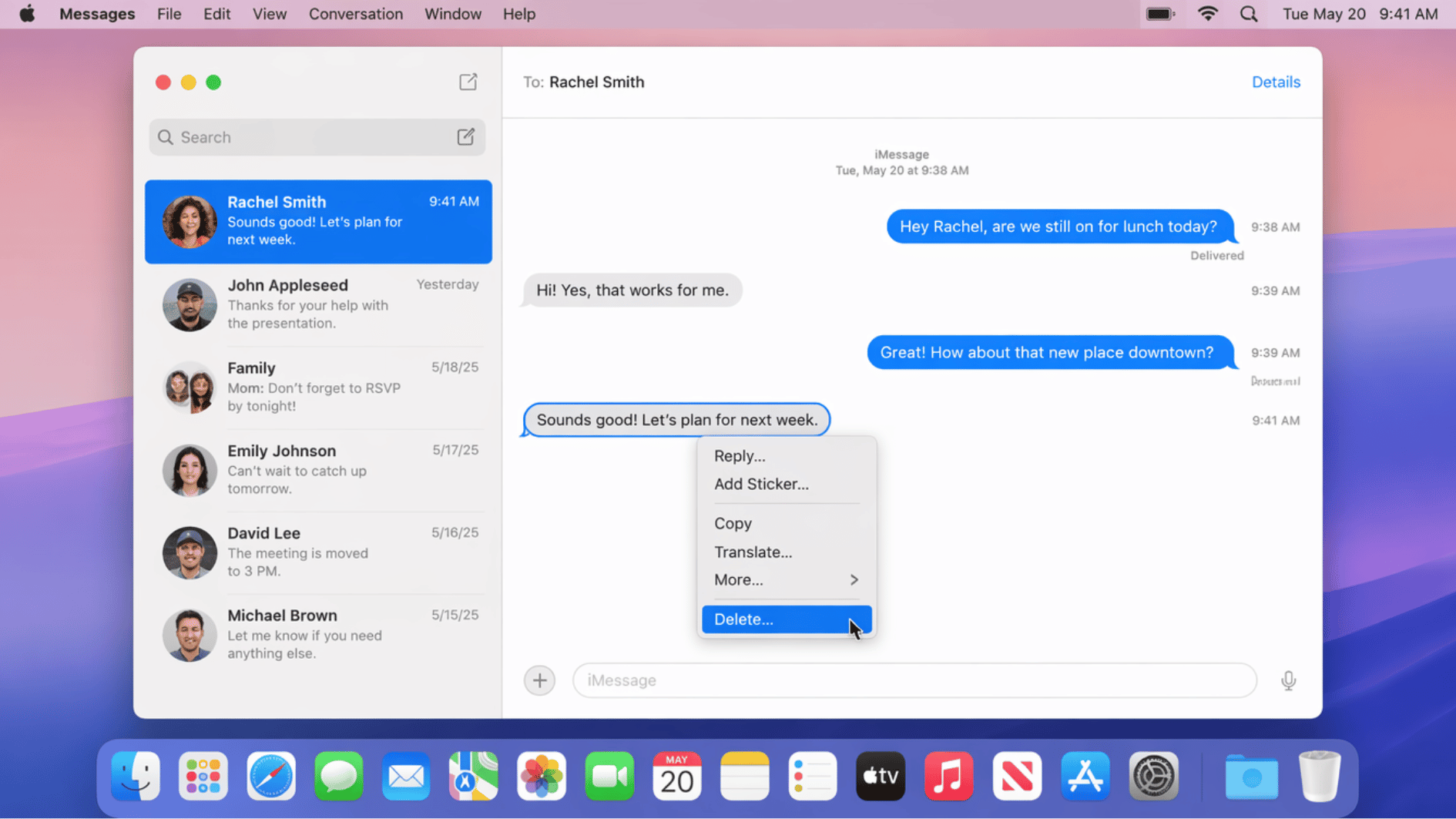 macbook screen showing messages app with message being deleted from chat conversation interface