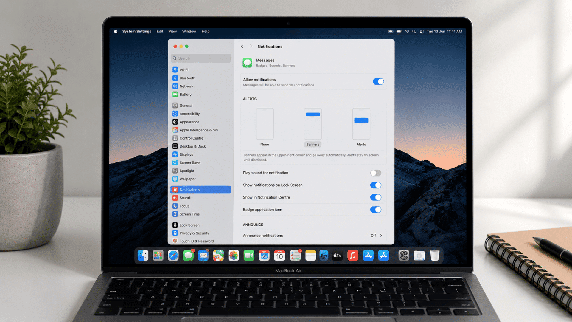 macbook screen showing notification settings with play sound toggle switched off