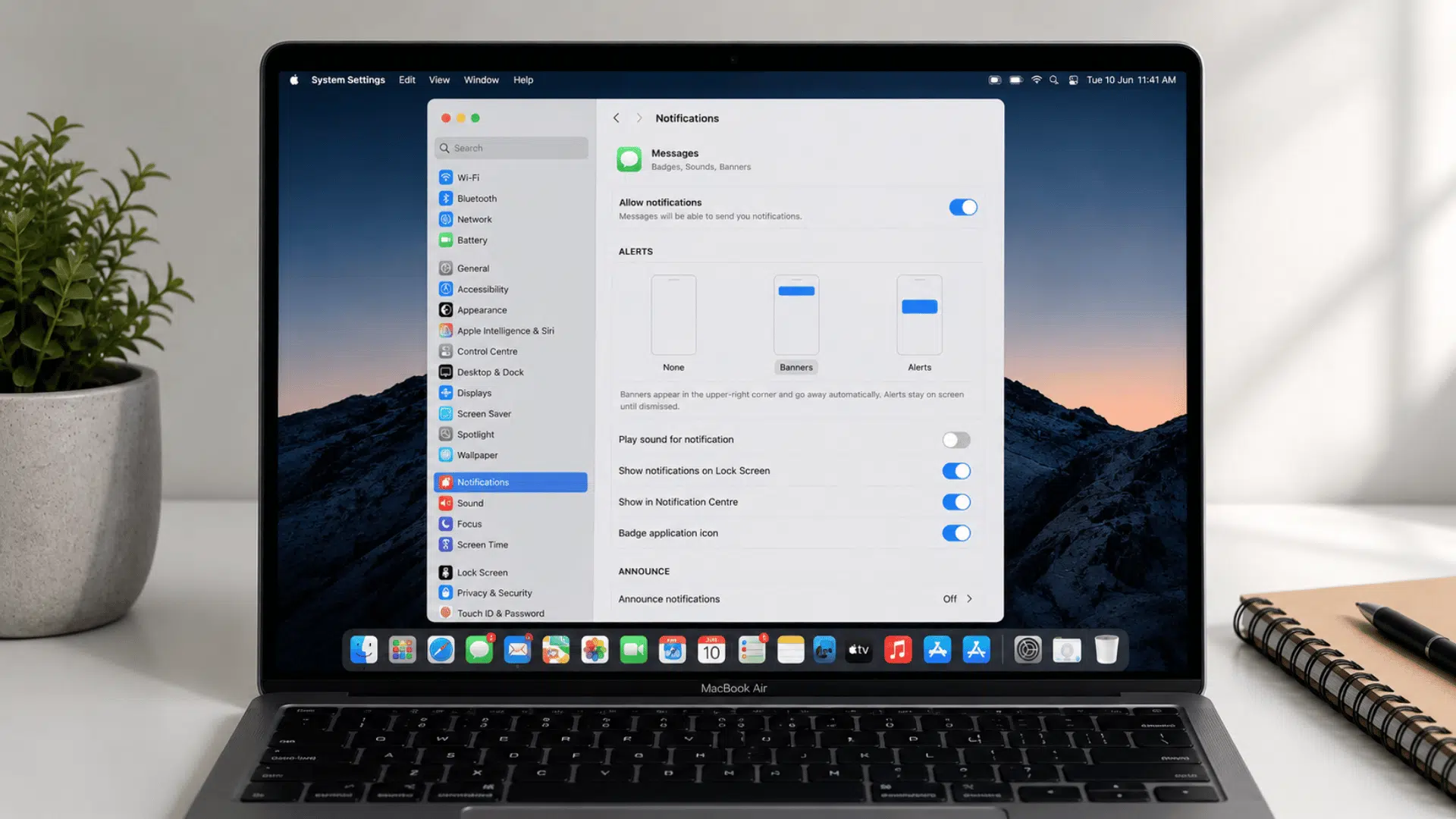 macbook screen showing notification settings with play sound toggle switched off