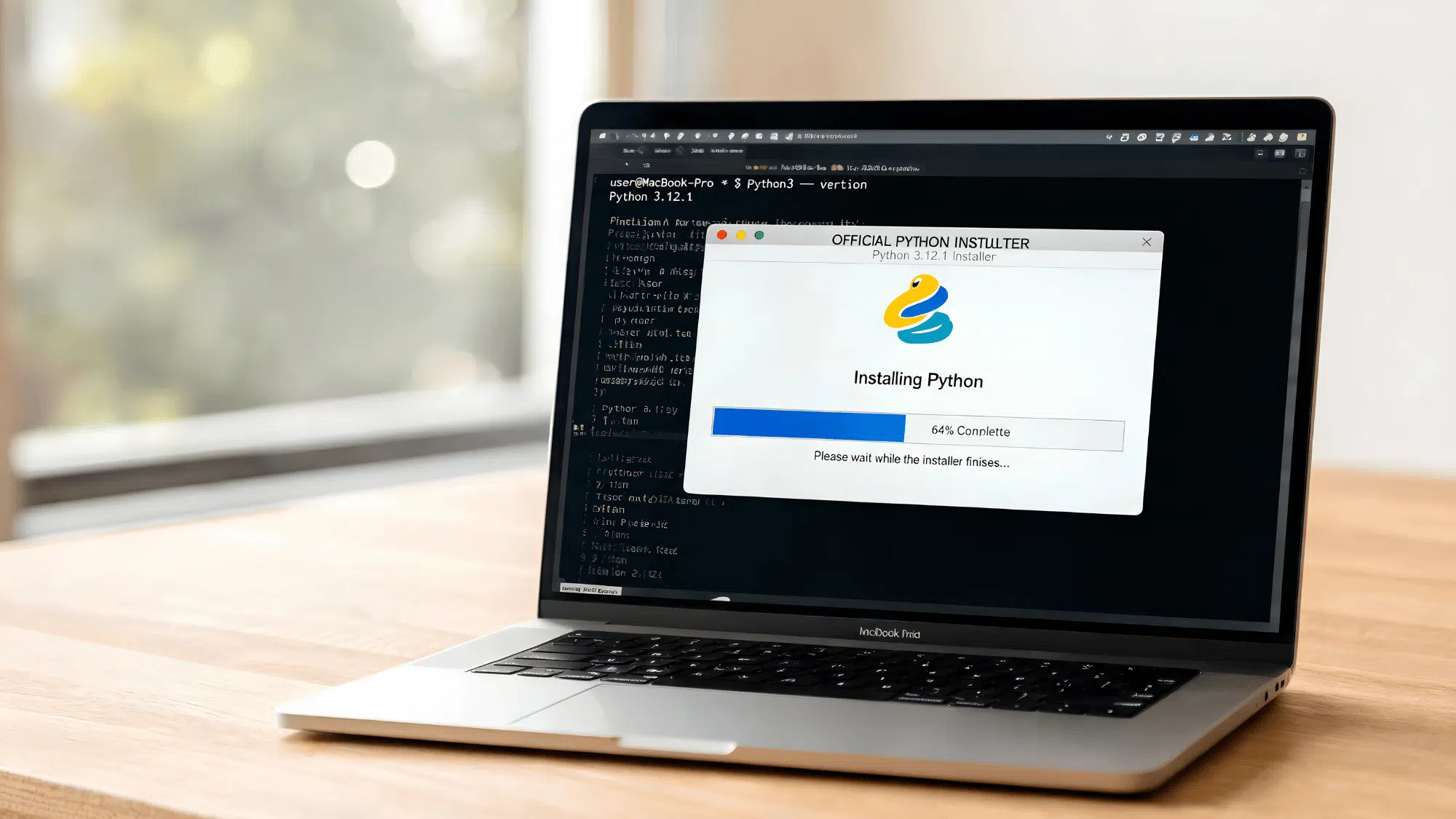 macbook showing python installer on desk with coffee (1)