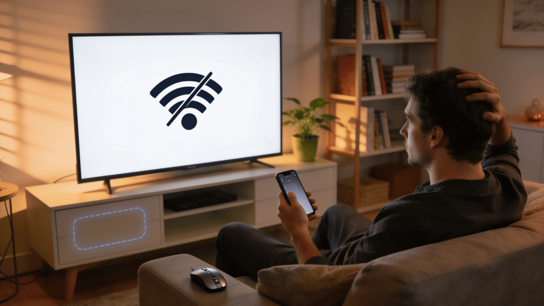man sitting on couch holding phone while smart tv shows offline wifi icon with usb mouse
