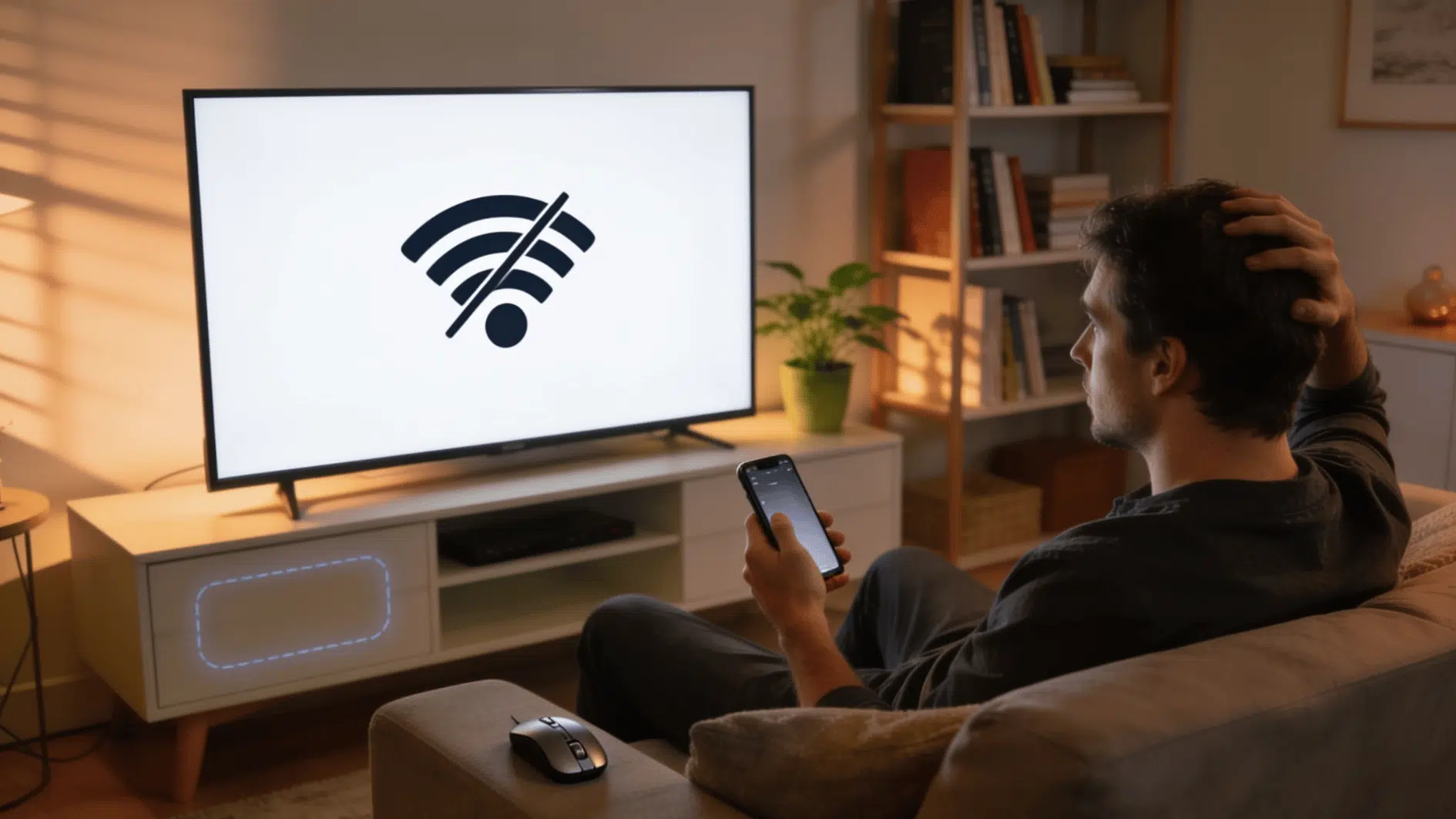 man sitting on couch holding phone while smart tv shows offline wifi icon with usb mouse