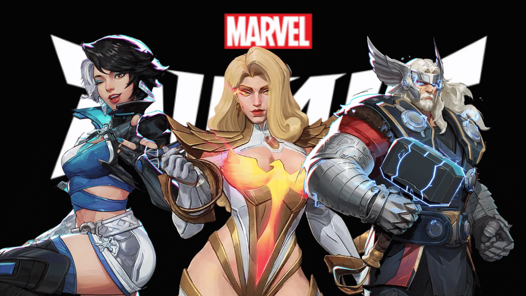 marvel rivals poster featuring game characters in dynamic action poses on a bold background logo