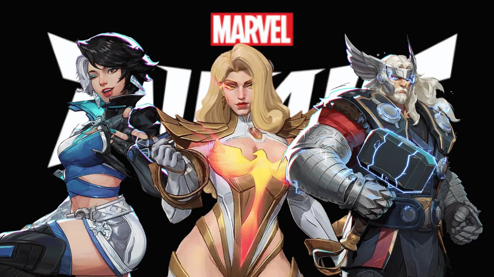 marvel rivals poster featuring game characters in dynamic action poses on a bold background logo