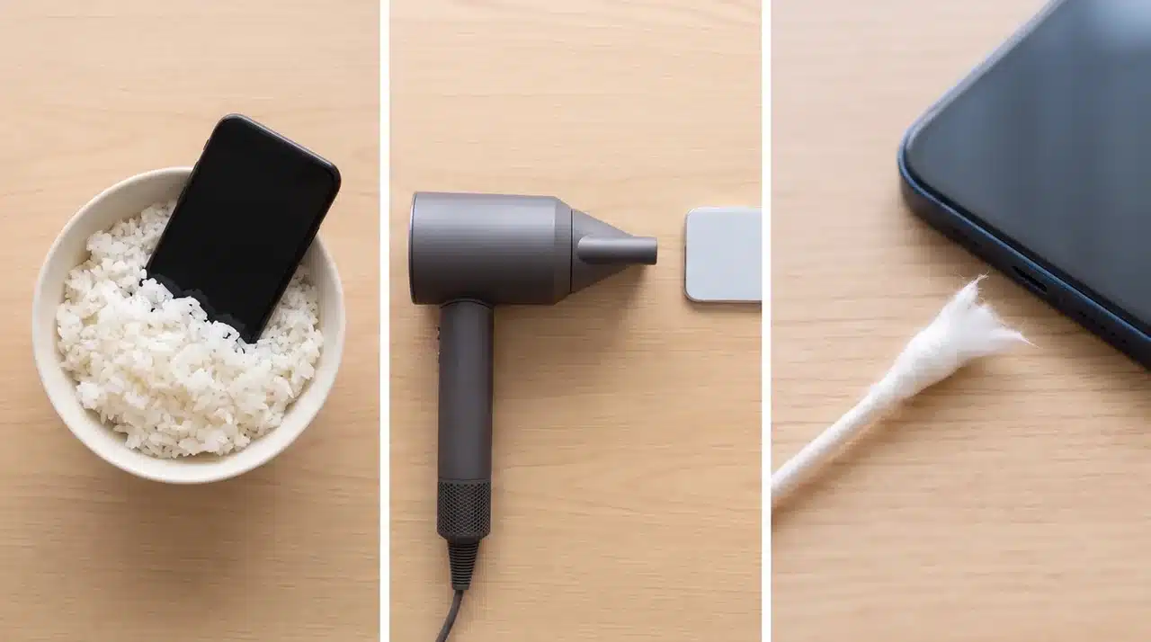 Rice, a hair dryer, and cotton swabs shown as common mistakes for drying a wet charging port.