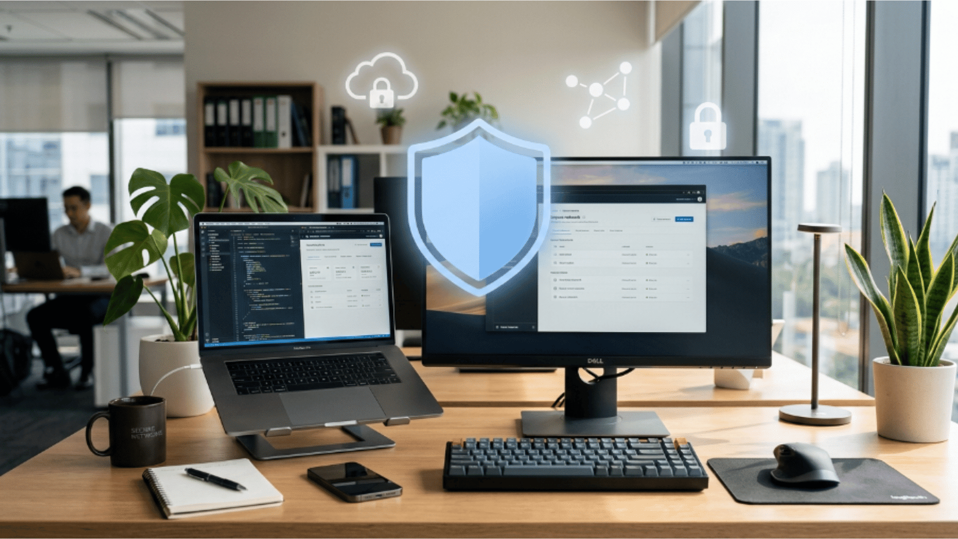 modern office desk with laptop and monitor showing digital security services with shield icons and plants