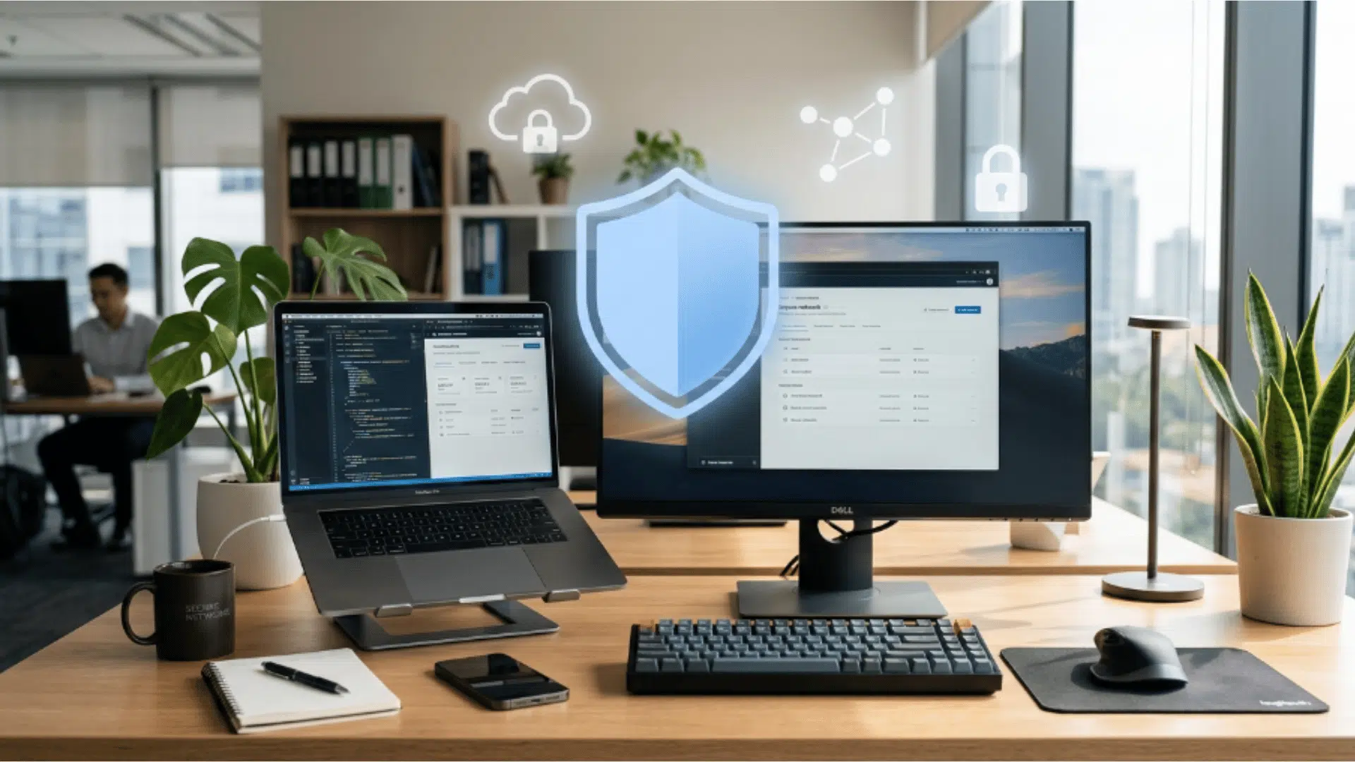 modern office desk with laptop and monitor showing digital security services with shield icons and plants