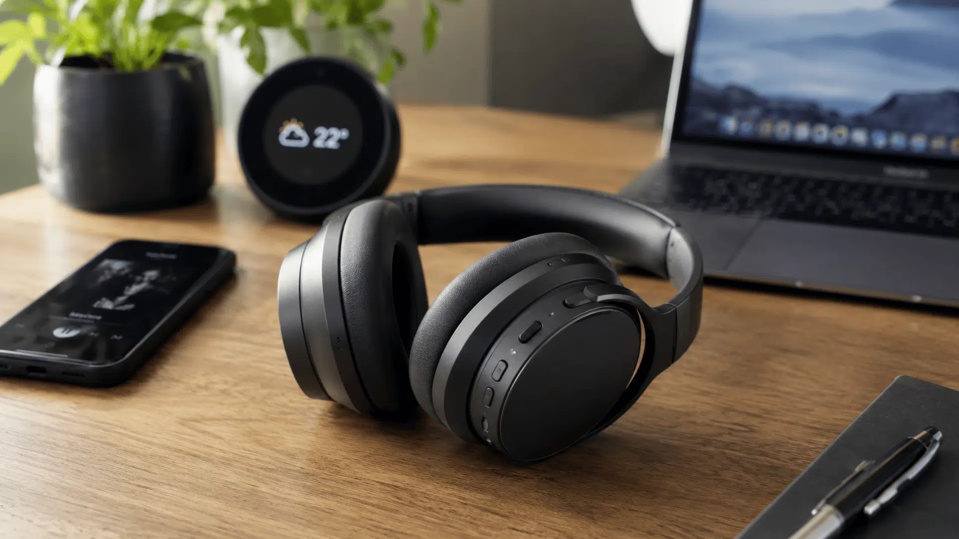 modern wireless headphones with smart features on a contemporary desk beside a laptop and smartphone