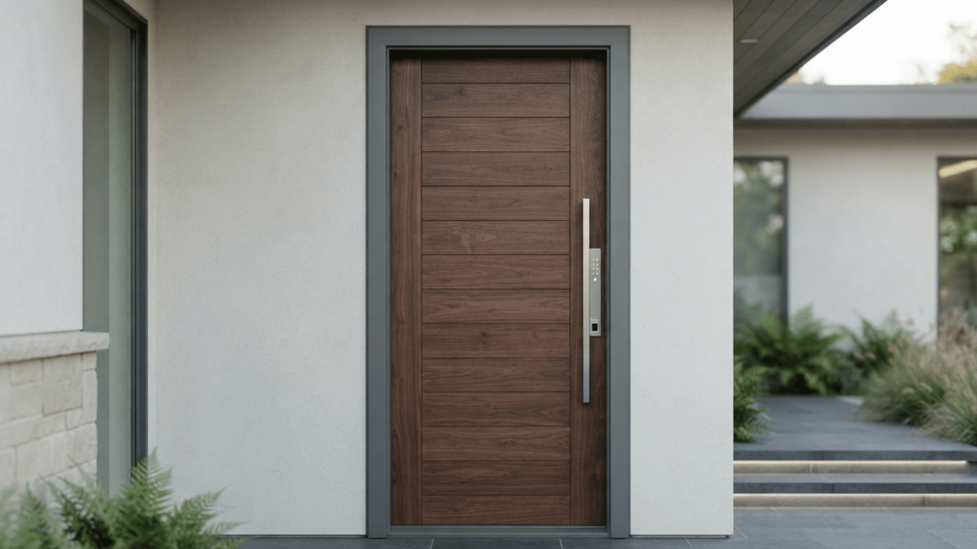 modern wooden front door with hidden smart lock system for secure home entry design and minimalist exterior style