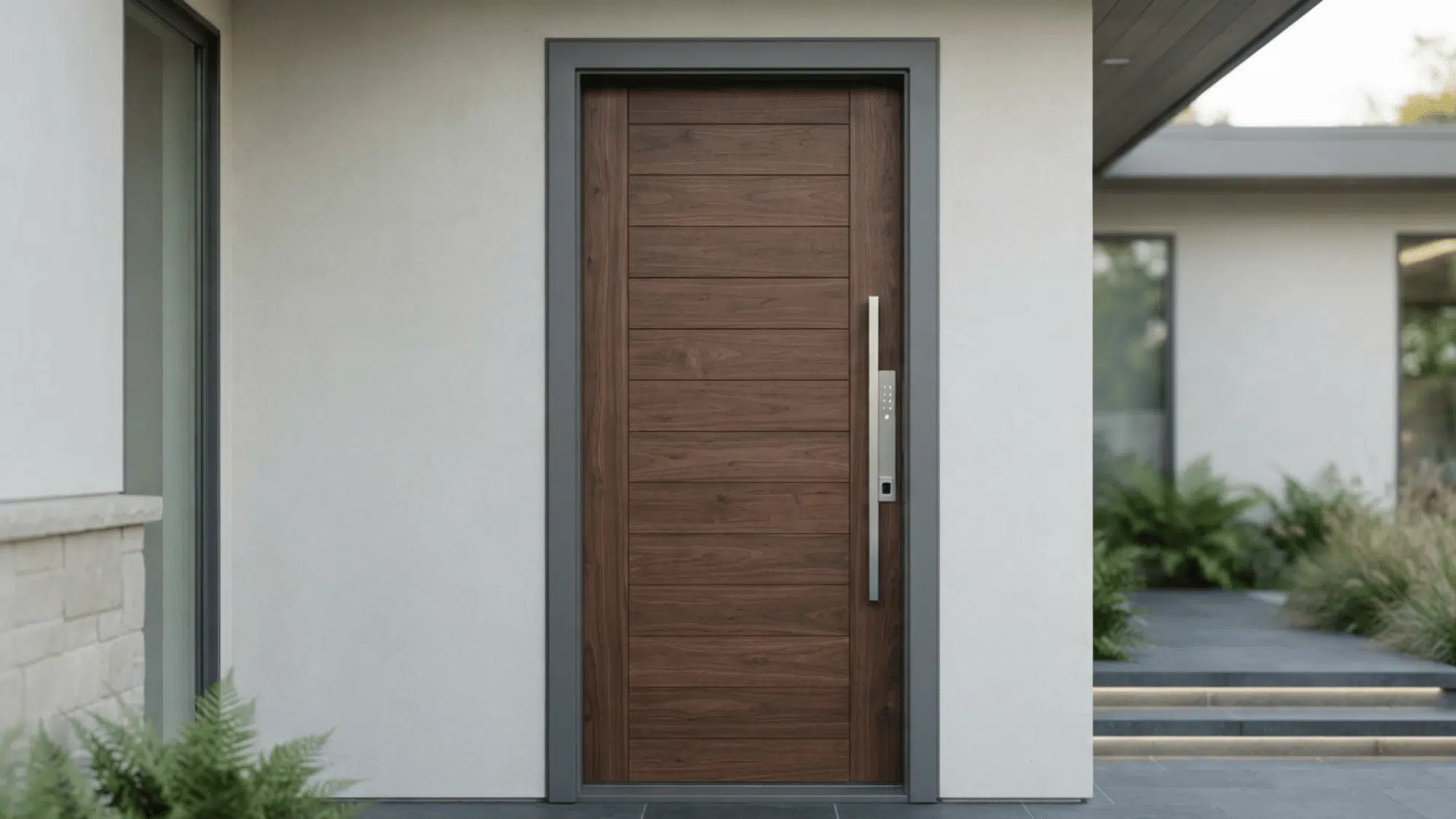 modern wooden front door with hidden smart lock system for secure home entry design and minimalist exterior style