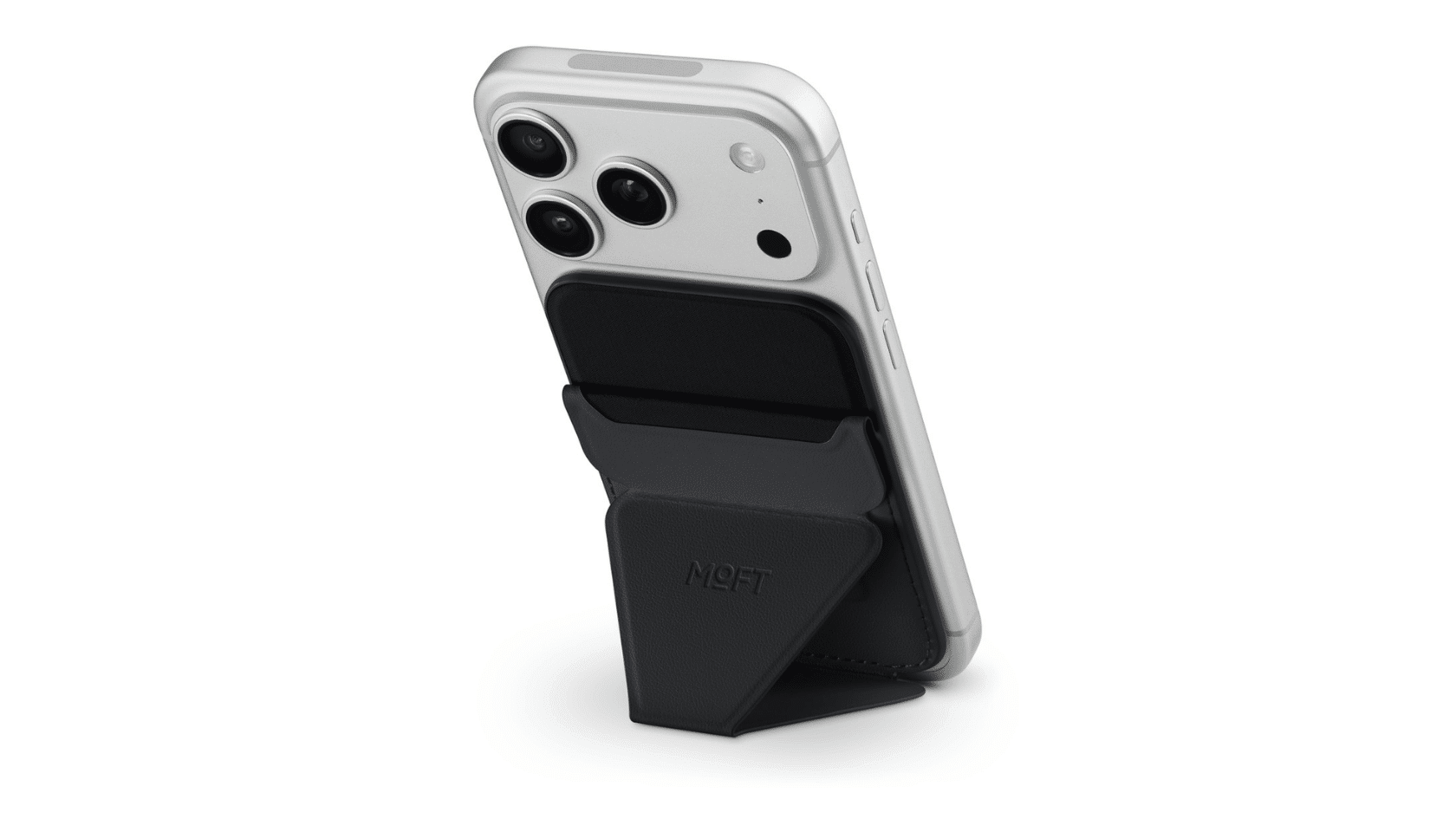 moft findmy magsafe wallet stand holding cards while supporting iphones in portrait and landscape positions